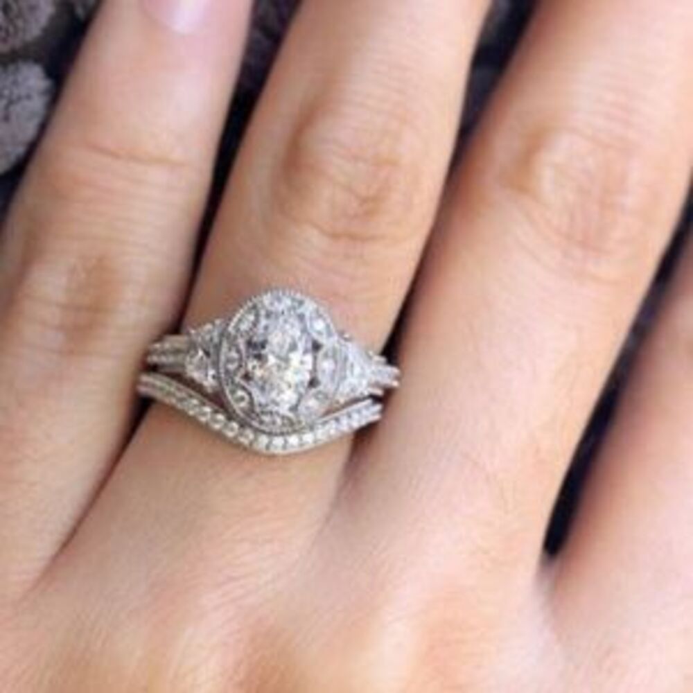 NEW 925 Silver Diamond Oval Cut Halo Ring Set